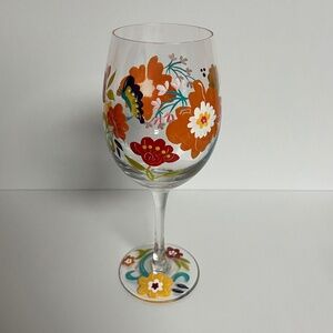 Pier 1 Imports Spring Floral Hand Painted Wine Glass Water Goblet Mouth Blown